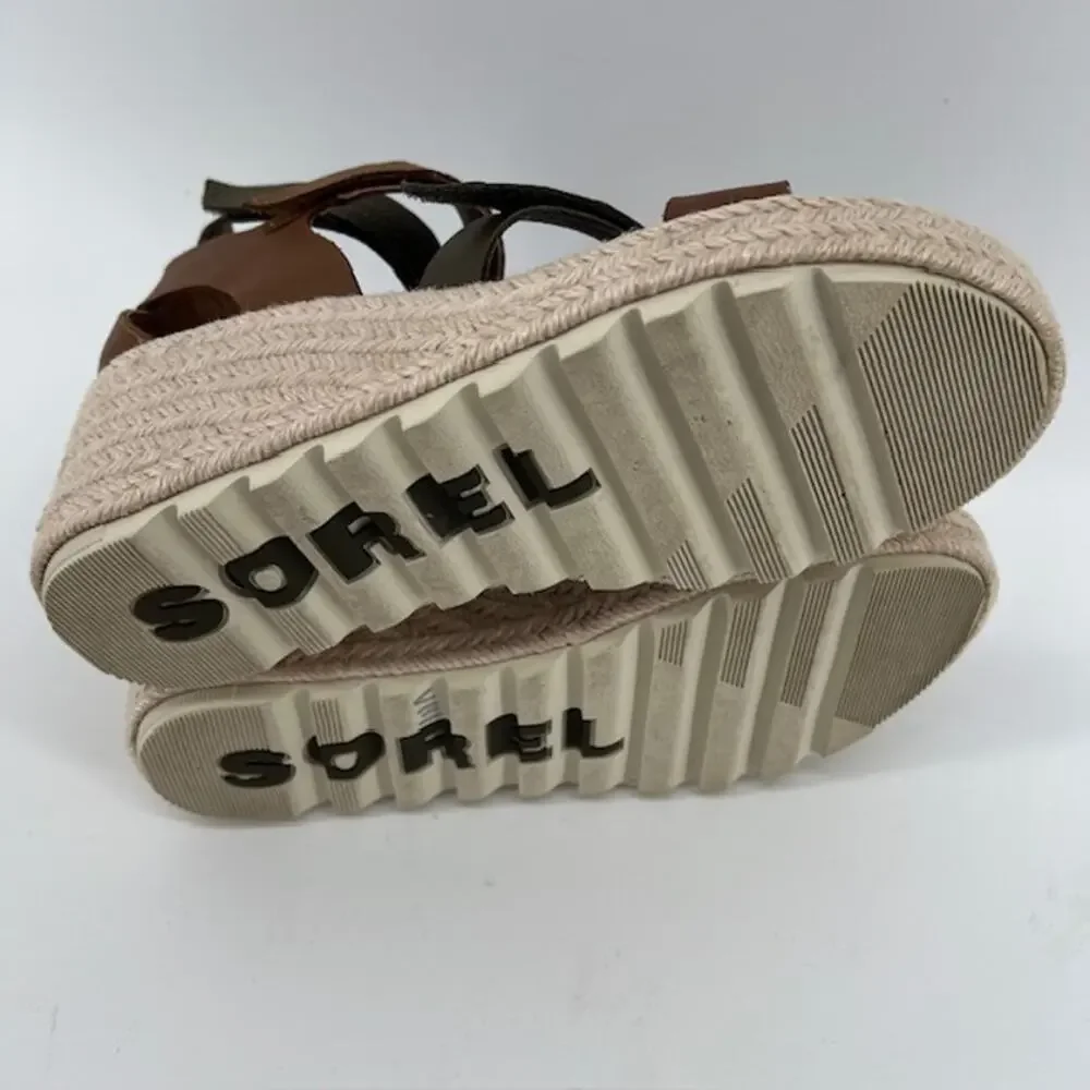 Sorel Cameron Wedge Multi-Strap Sandals Womens 8.5 Green Brown Leather Comfort